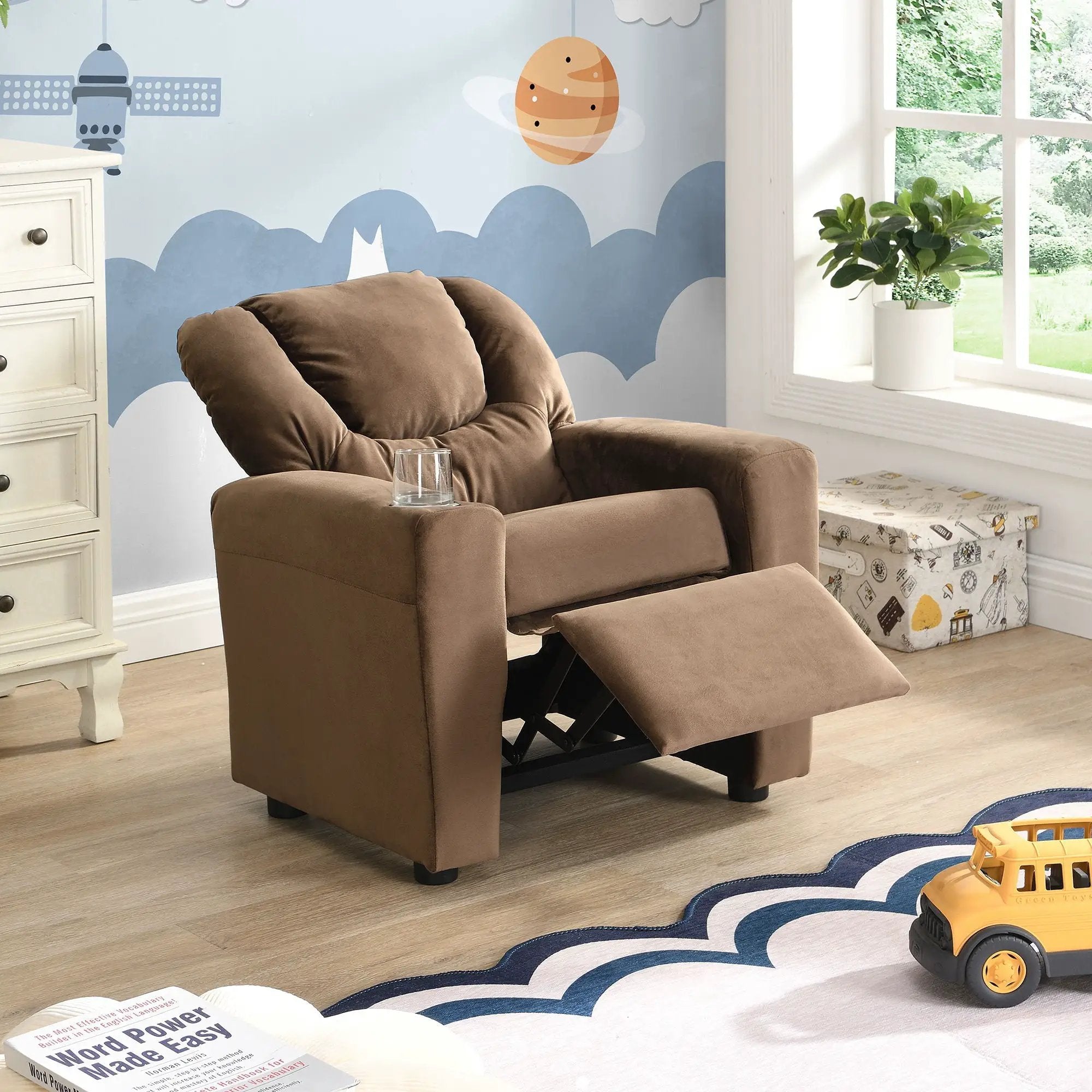 Kids Recliner Chair, Kids Upholstered Couch With One Cup Holder, Toddlers Recliner With Headrest And Footrest - Brown by Unique Piece Furniture