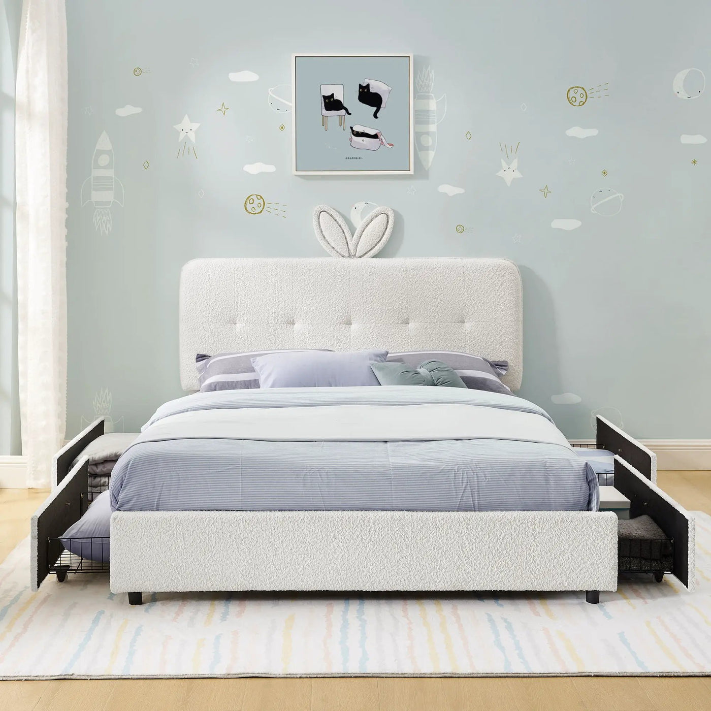 Upholstered Bed With Oversized Rabbit Ear Headboard, LED Lights & 4 Storage Drawers by Unique Piece Furniture