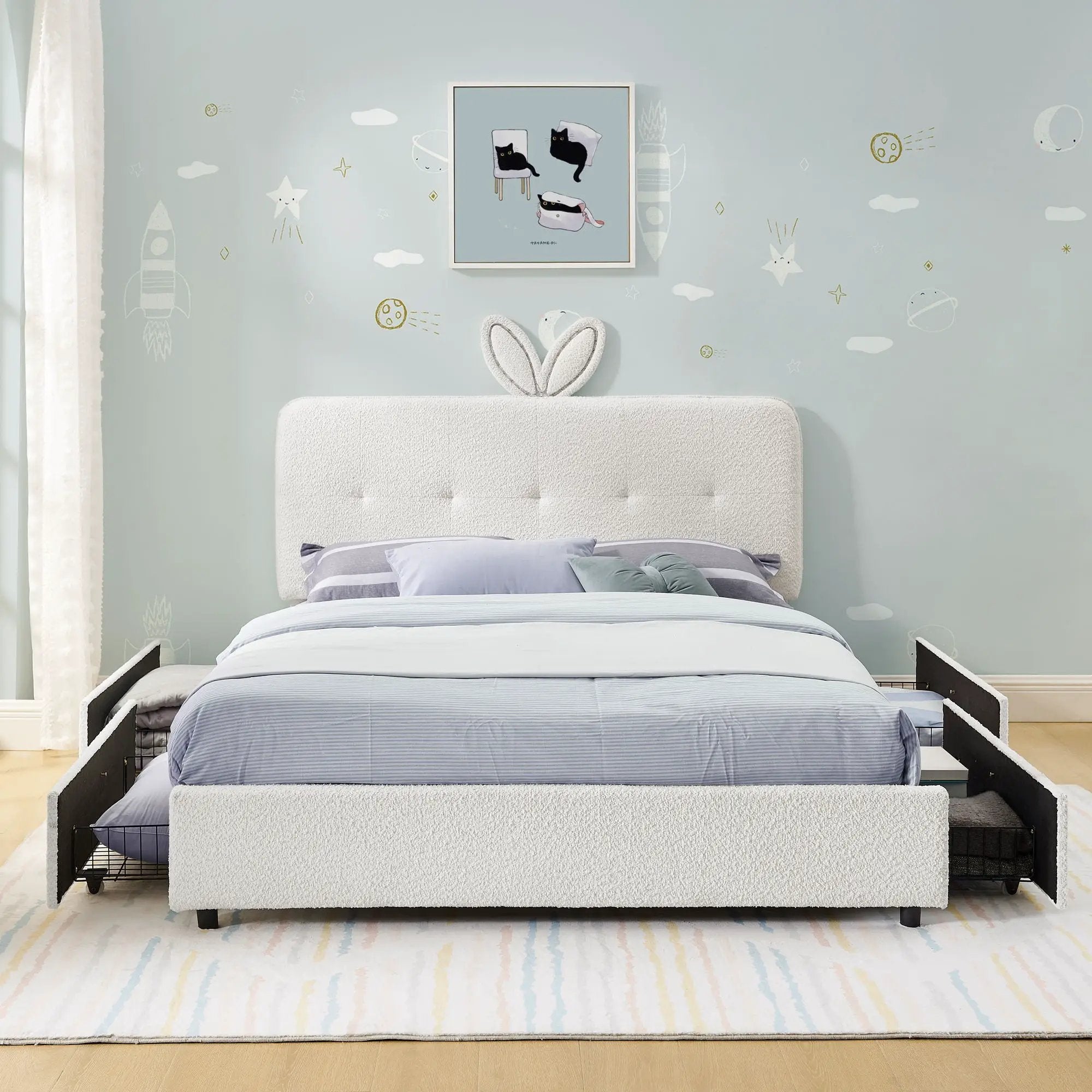 Upholstered Bed With Oversized Rabbit Ear Headboard, LED Lights & 4 Storage Drawers by Unique Piece Furniture