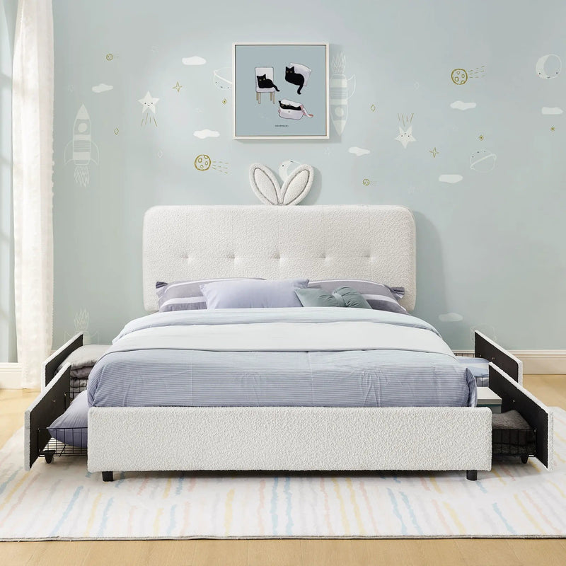 Upholstered Bed With Oversized Rabbit Ear Headboard, LED Lights & 4 Storage Drawers by HouseOfZazla