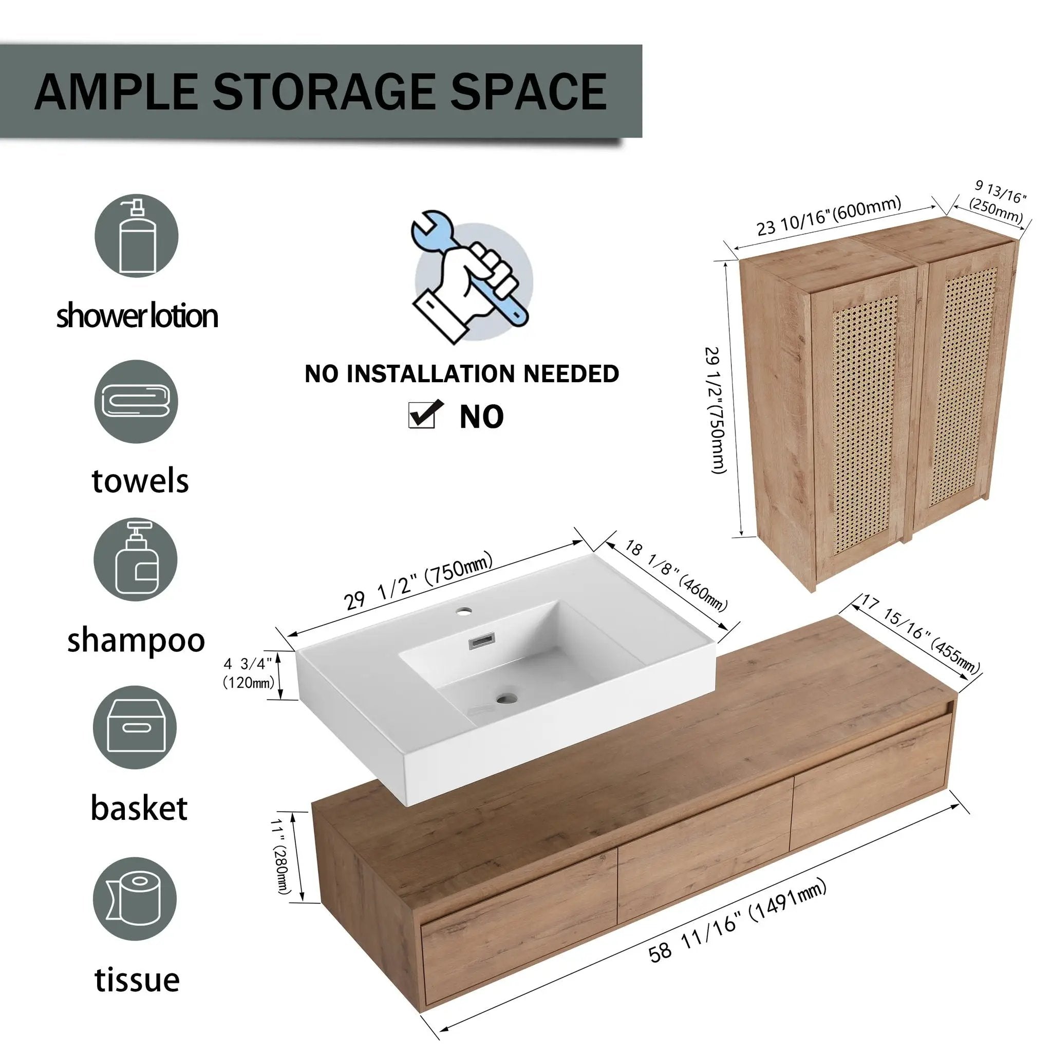 Modern Wall Mounted Bathroom Vanity With Resin Sink And 2 Side Cabinet, Imitative, Construction - Imitative Oak by HouseOfZazla