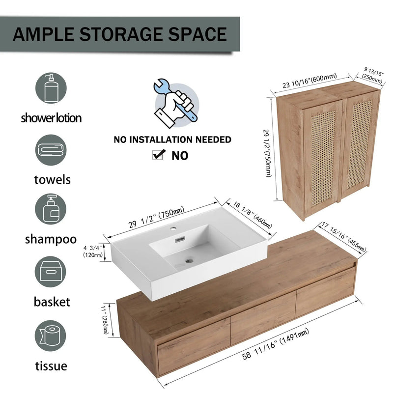 Modern Wall Mounted Bathroom Vanity With Resin Sink And 2 Side Cabinet, Imitative, Construction - Imitative Oak by HouseOfZazla