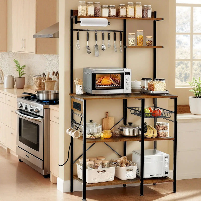Bakers Rack With Power Outlet, Coffee Bar With S-Shaped Hooks, Kitchen Shelf With Wire Basket - Black / Brown by HouseOfZazla