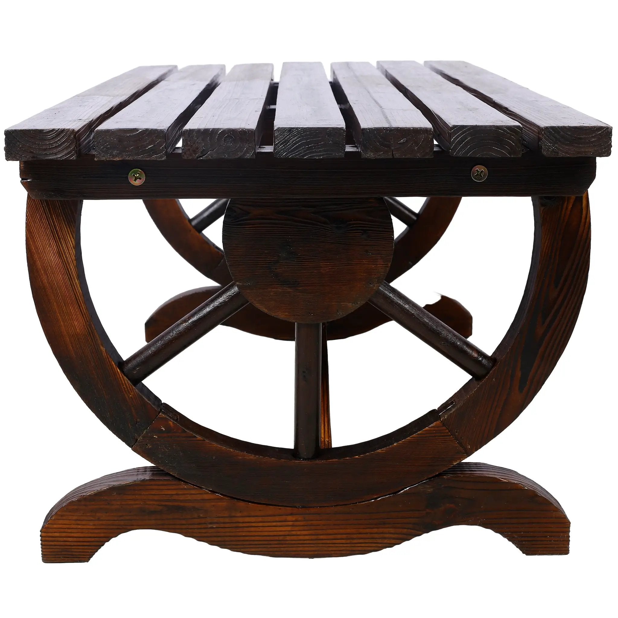 Outdoor Rustic Wooden Bench with Wagon Wheel Legs by HouseOfZazla