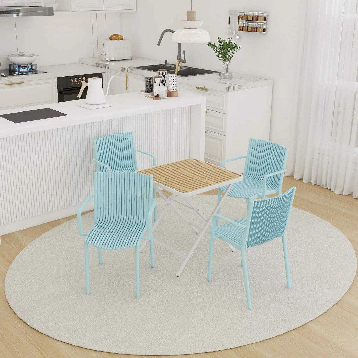 4 Modern Stackable Plastic Armchair Matched With Folding Square Table by Unique Piece Furniture