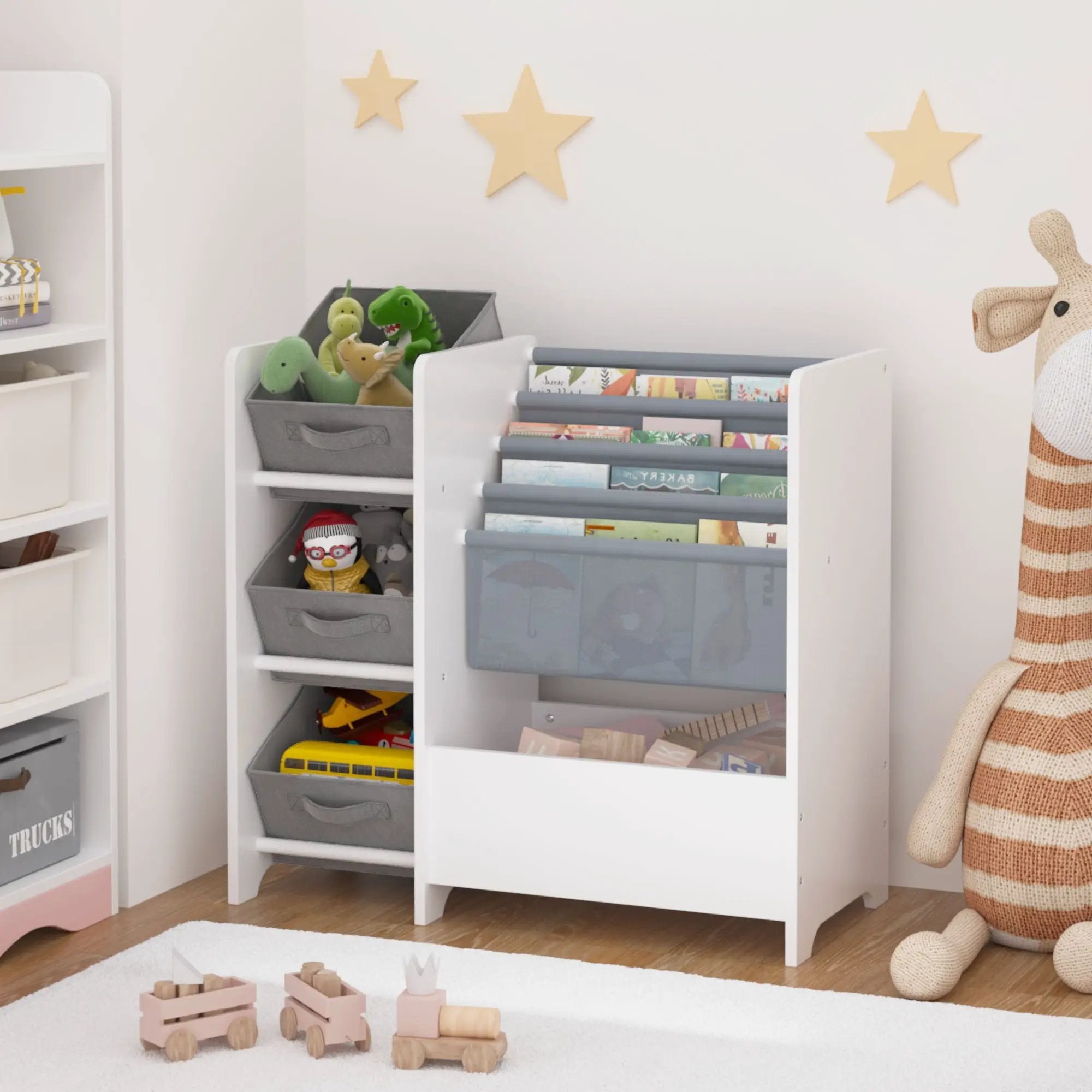 Bookshelf And Toy Storage Organizer, Multifunctional 4 Tier With 3 Collapsible Drawers - White by Unique Piece Furniture