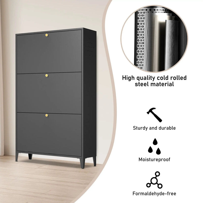 3 Drawer All Steel Shoe Cabinet, Freestanding Storage Organizer With Flip Door by HouseOfZazla