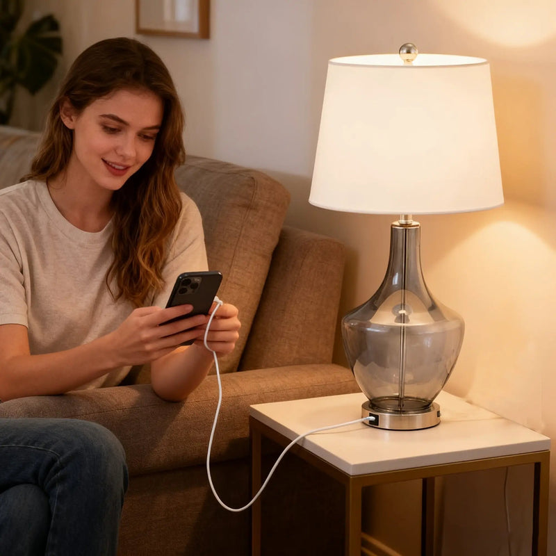 26-Inches Tall Single Glass Table Lamp with USB Charging Port by HouseOfZazla