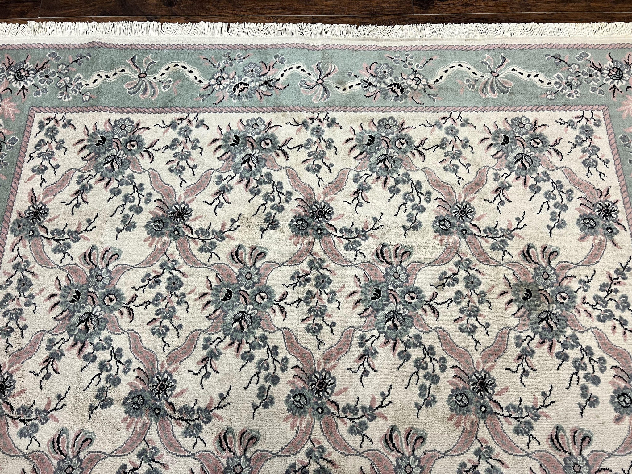Belgium Power Loomed Rug 8x11, Ivory and Green, Wool Carpet, Floral by Jewel Rugs