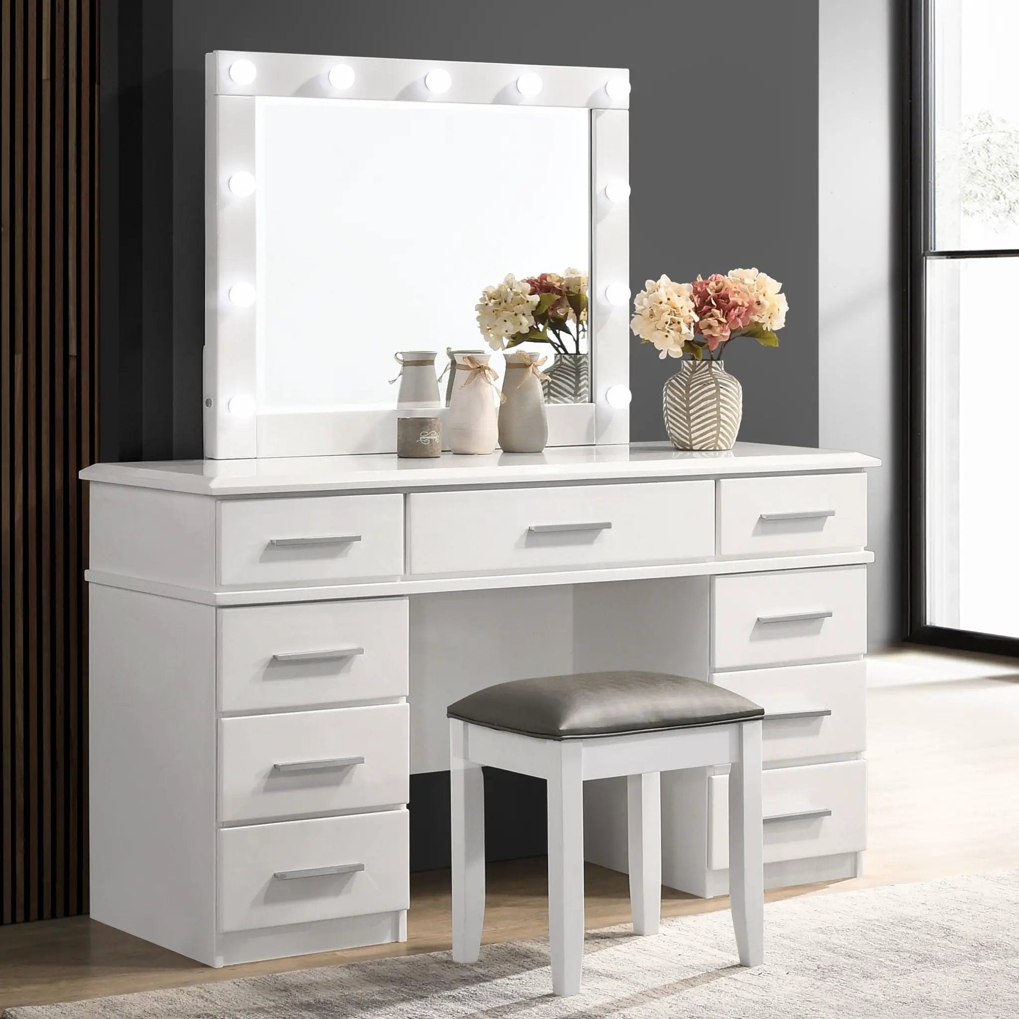 Felicity Upholstered Vanity Stool Metallic and Glossy White by Unique Piece Furniture