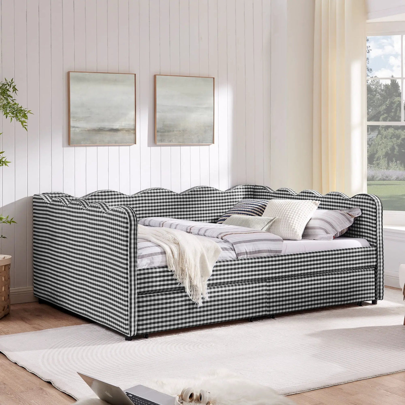 Gingham Daybed With USB Charging Port, Wave-Shaped Design by HouseOfZazla