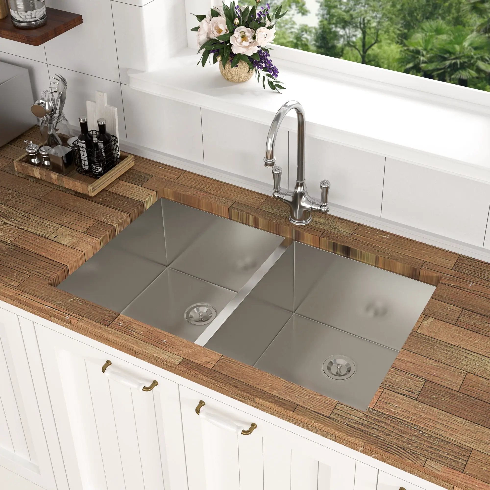 Undermount Double Bowl Kitchen Sink 16 Gauge With 9" Deep Basin - Brushed Nickel by HouseOfZazla
