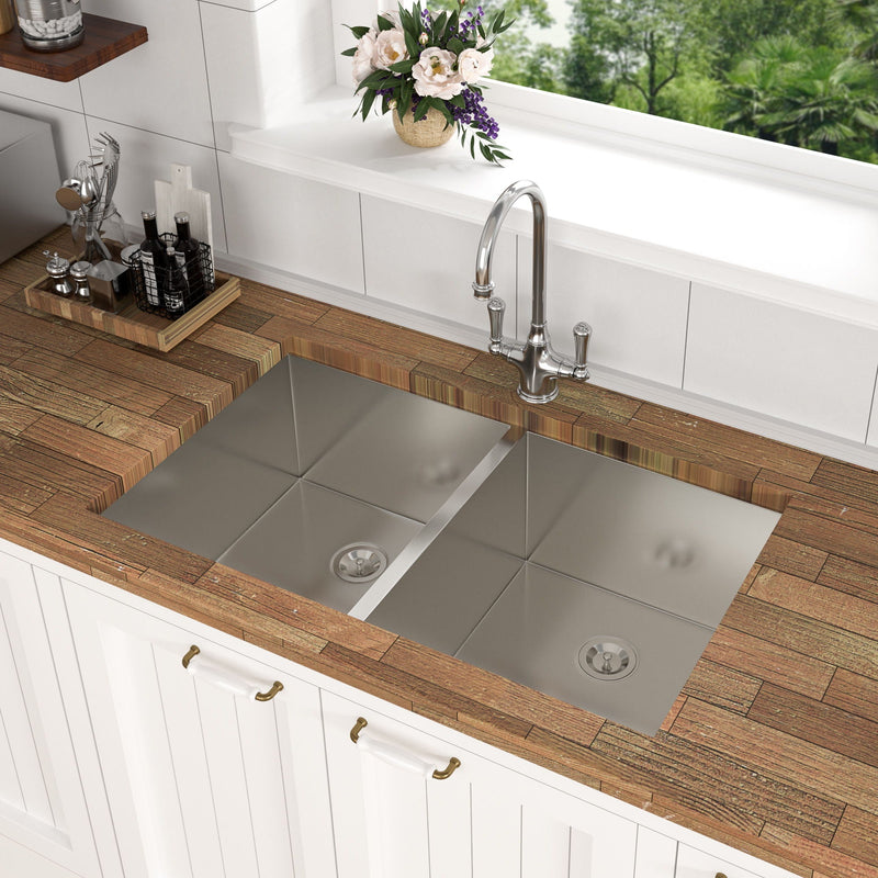Undermount Double Bowl Kitchen Sink 16 Gauge With 9" Deep Basin - Brushed Nickel by HouseOfZazla
