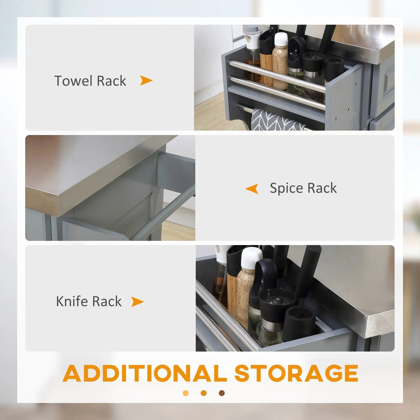Homcom - Rolling Kitchen Island With Storage, Portable Kitchen Cart With Stainless Steel Top, 2 Drawers, Spice, Knife And Towel Rack And Cabinets by Unique Piece Furniture