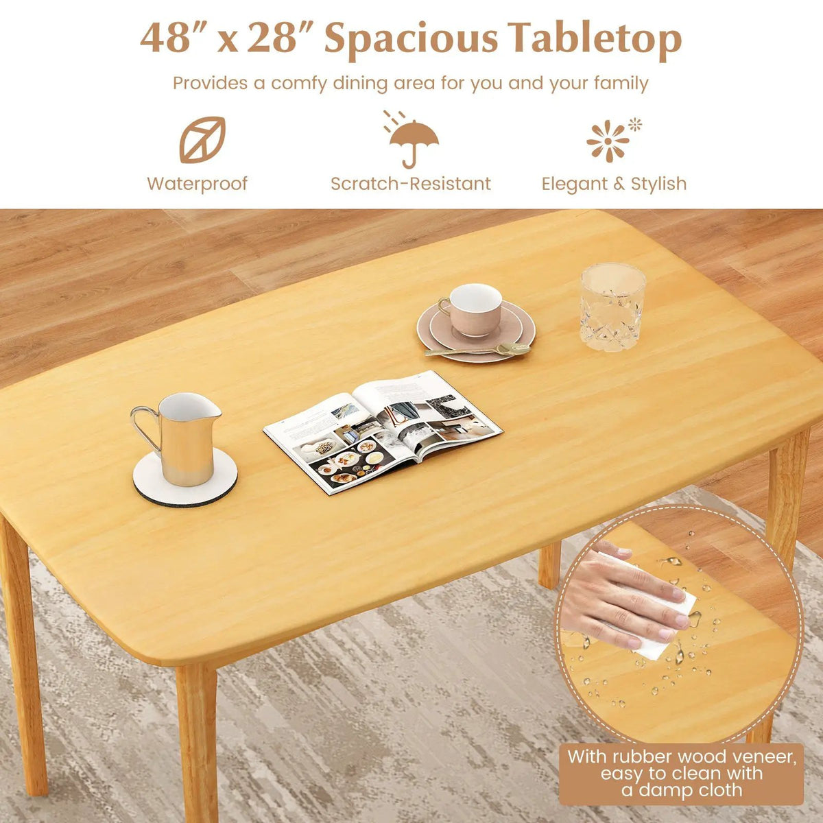 48 Inch Solid Wood Dining Table with Rubber Wood Supporting Legs for Kitchen Dining Room by DirectDeals
