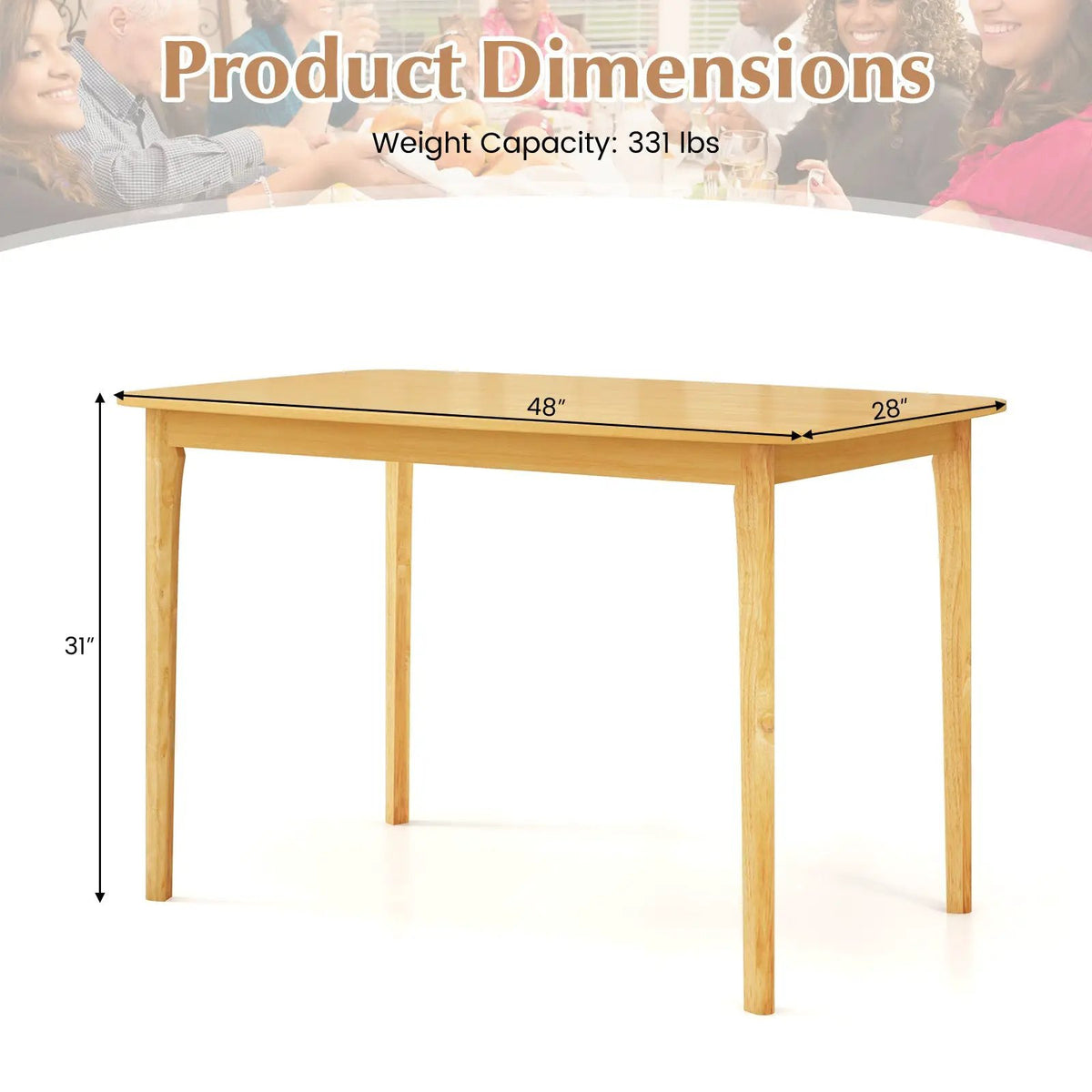 48 Inch Solid Wood Dining Table with Rubber Wood Supporting Legs for Kitchen Dining Room by DirectDeals