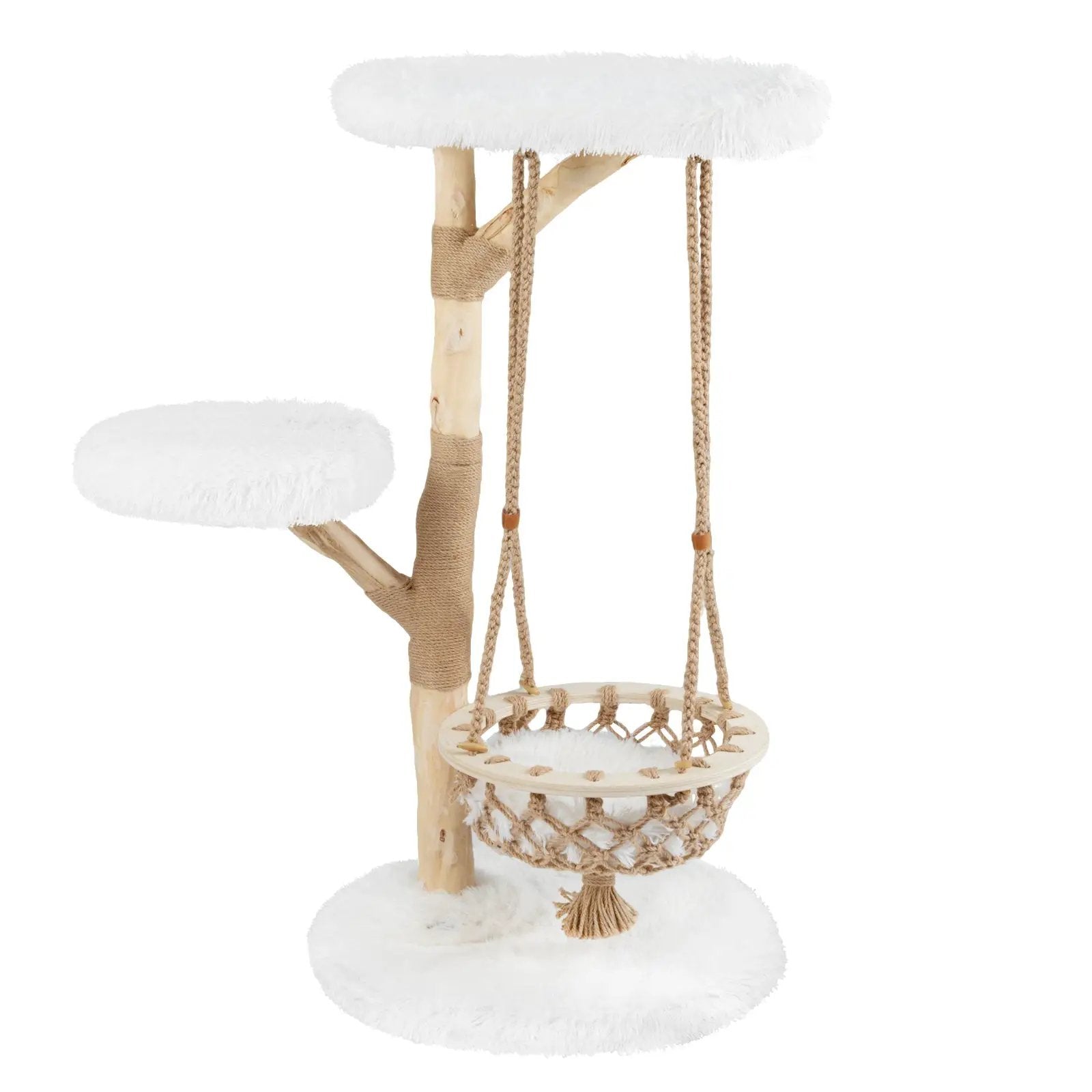 48.5 Inch Solid Wood Cat Tree with Hanging Cradle and Jute Scratching Post-White by DirectDeals