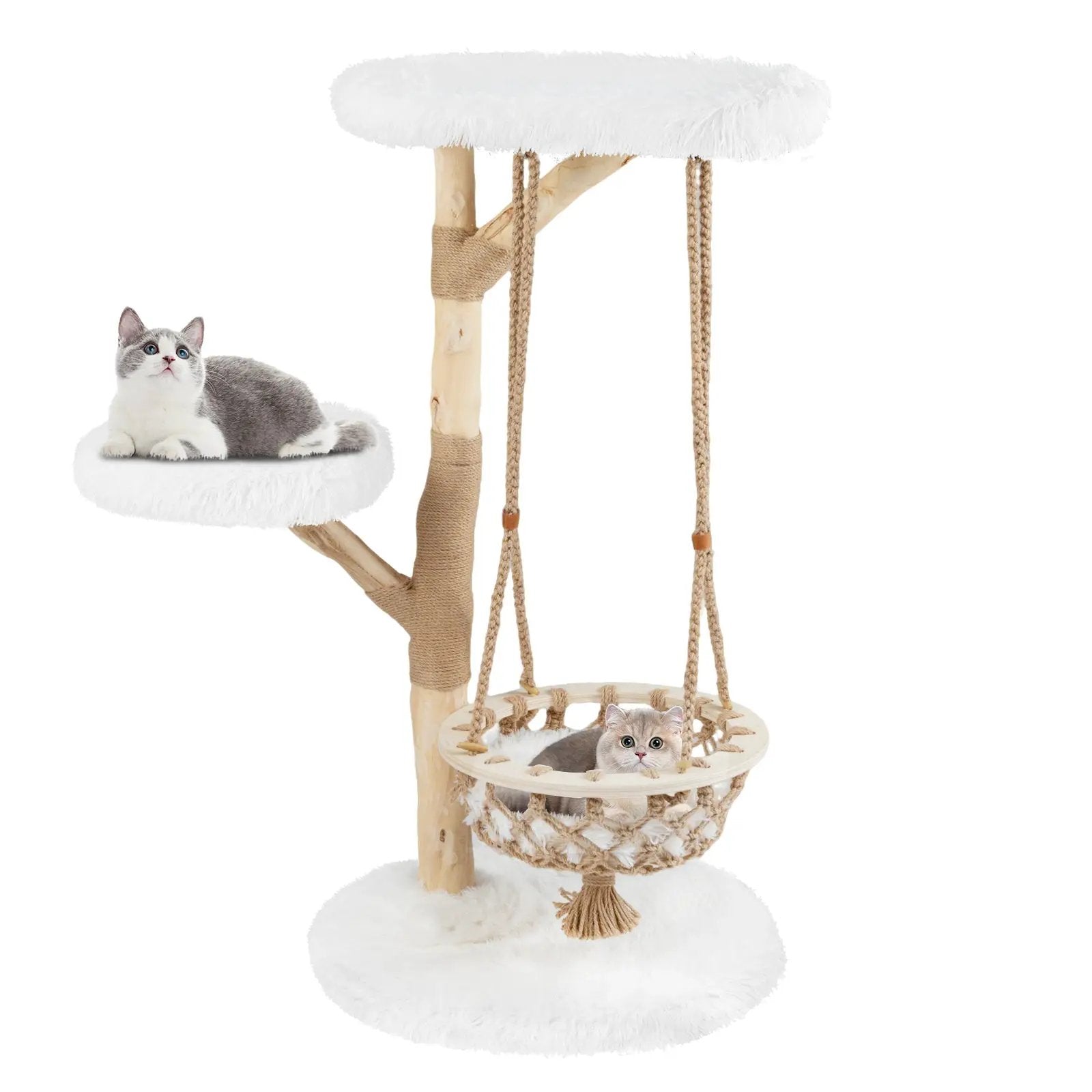 48.5 Inch Solid Wood Cat Tree with Hanging Cradle and Jute Scratching Post-White by DirectDeals