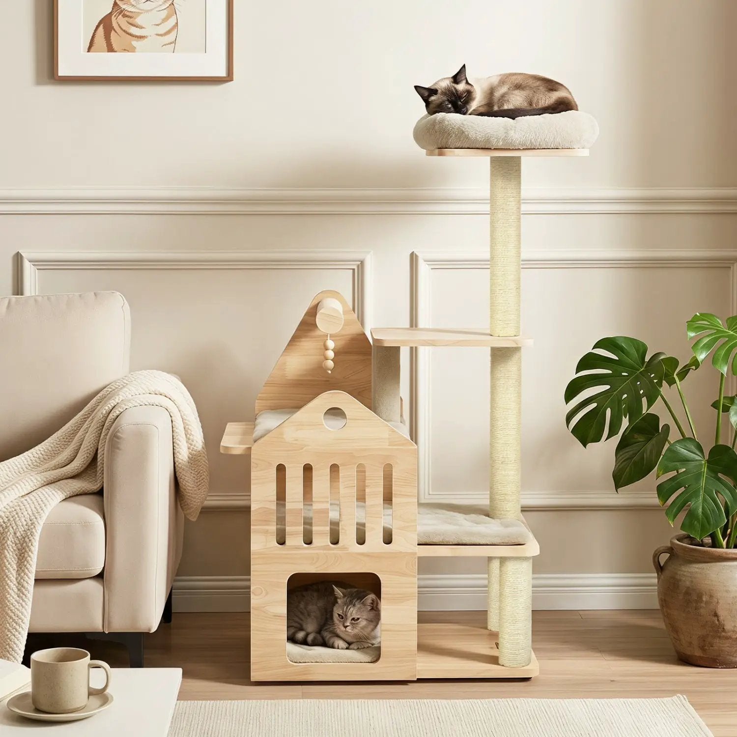 Multi-Level Solid Wood Cat Tree 48.5" with Condo & Scratchers by DirectDeals