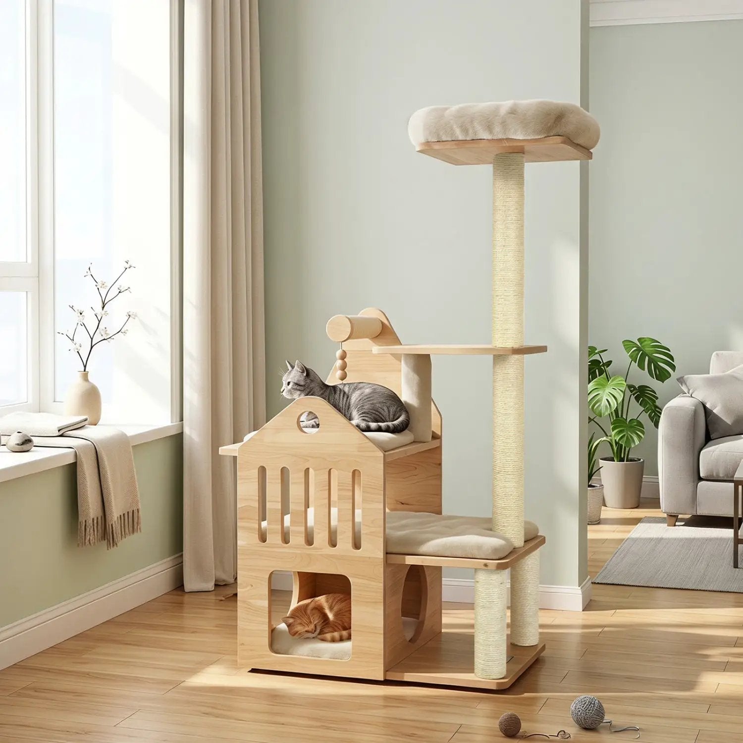 Multi-Level Solid Wood Cat Tree 48.5" with Condo & Scratchers by DirectDeals