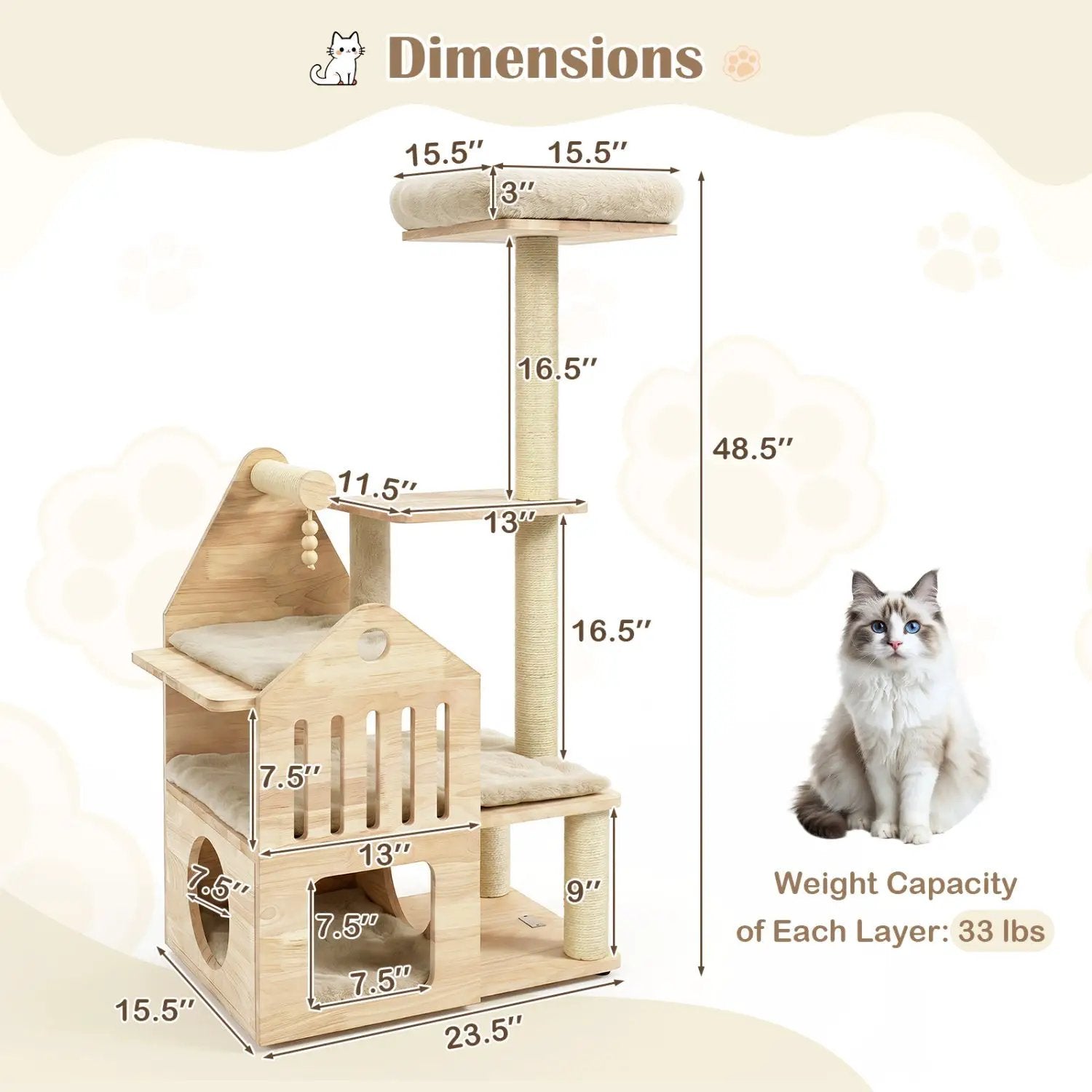 Multi-Level Solid Wood Cat Tree 48.5" with Condo & Scratchers by DirectDeals