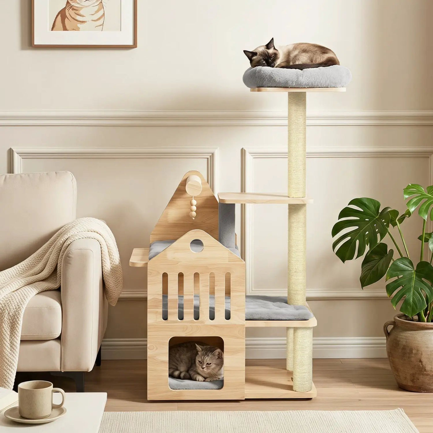 Multi-Level Solid Wood Cat Tree 48.5" with Condo & Scratchers by DirectDeals