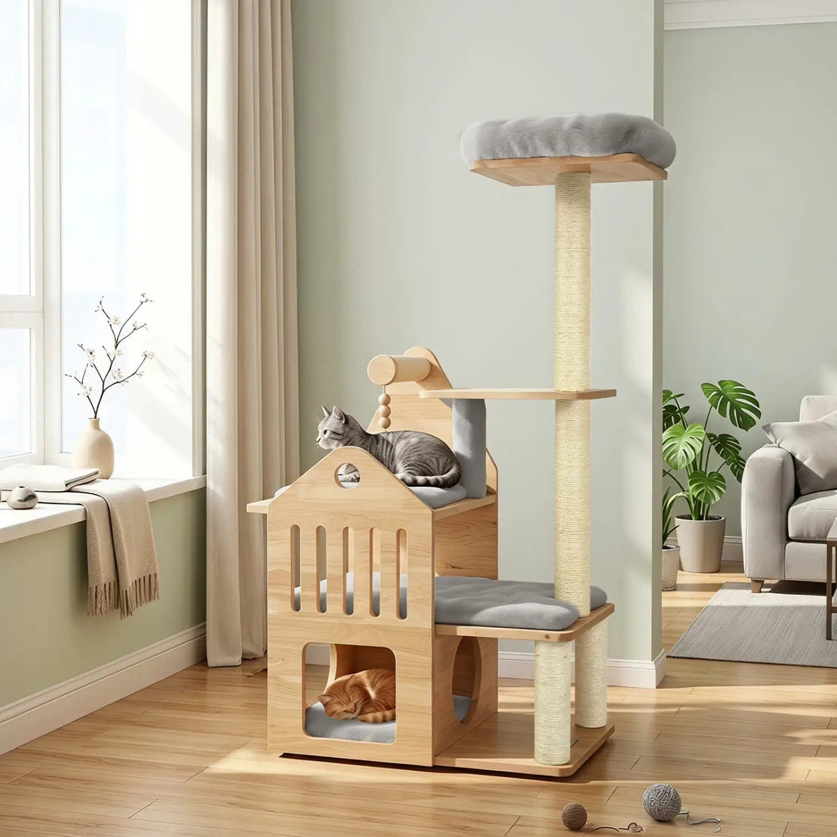 Multi-Level Solid Wood Cat Tree 48.5" with Condo & Scratchers by DirectDeals