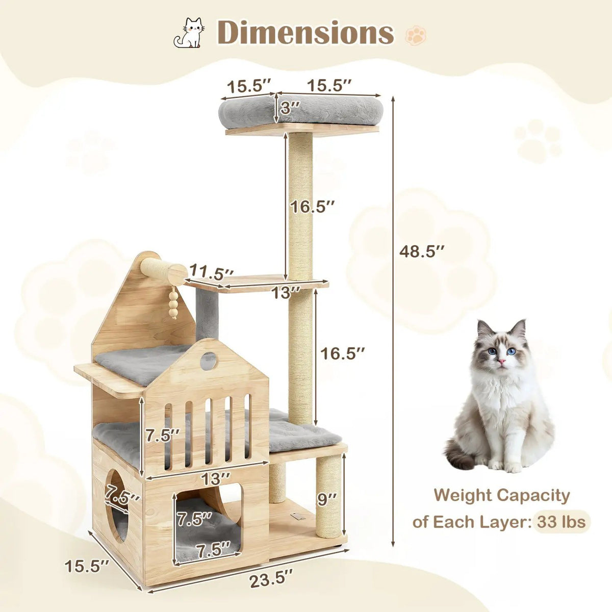Multi-Level Solid Wood Cat Tree 48.5" with Condo & Scratchers by DirectDeals