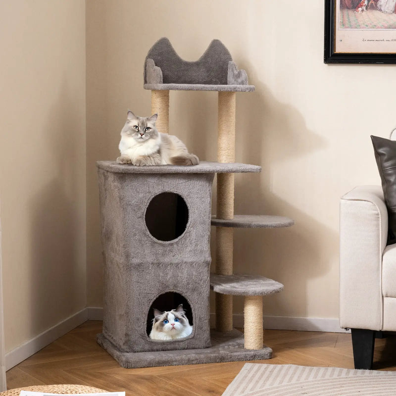 48.5 inch Cat Tree with 2-story Condo and 3 Hideaway Caves for Large Cats-Gray by DirectDeals