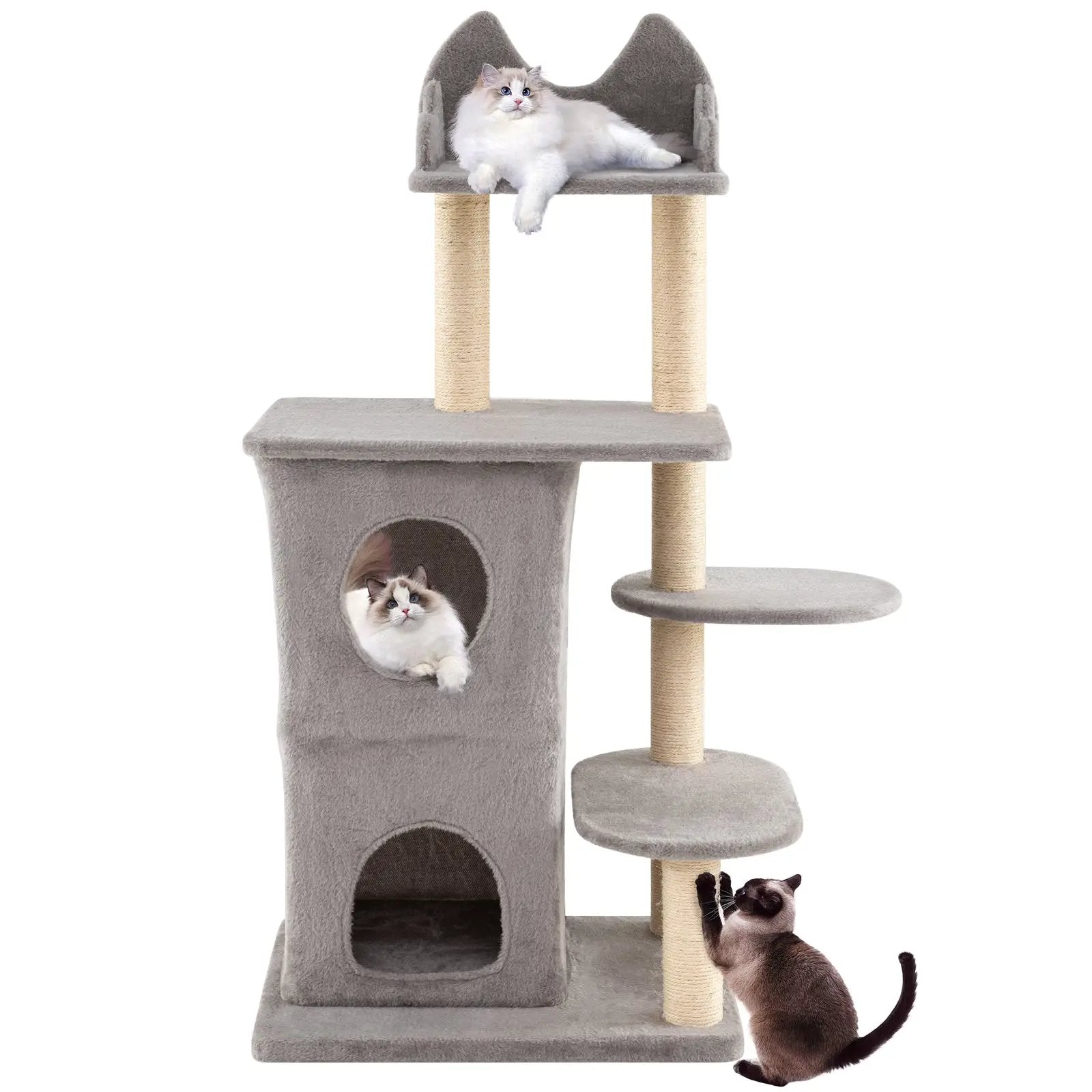 48.5 inch Cat Tree with 2-story Condo and 3 Hideaway Caves for Large Cats-Gray by DirectDeals