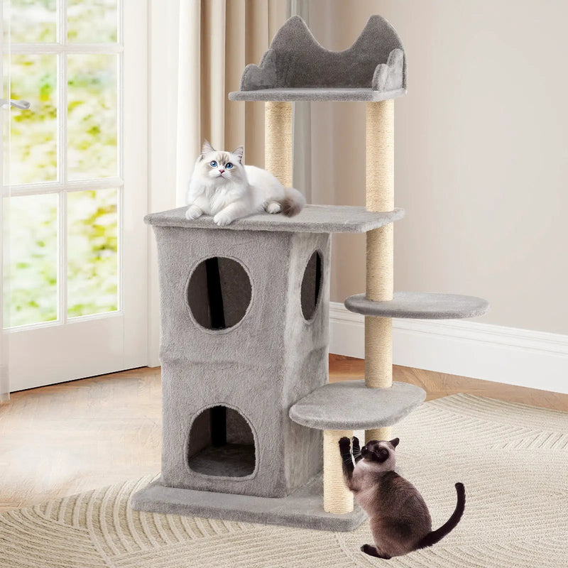 48.5 inch Cat Tree with 2-story Condo and 3 Hideaway Caves for Large Cats-Gray by DirectDeals