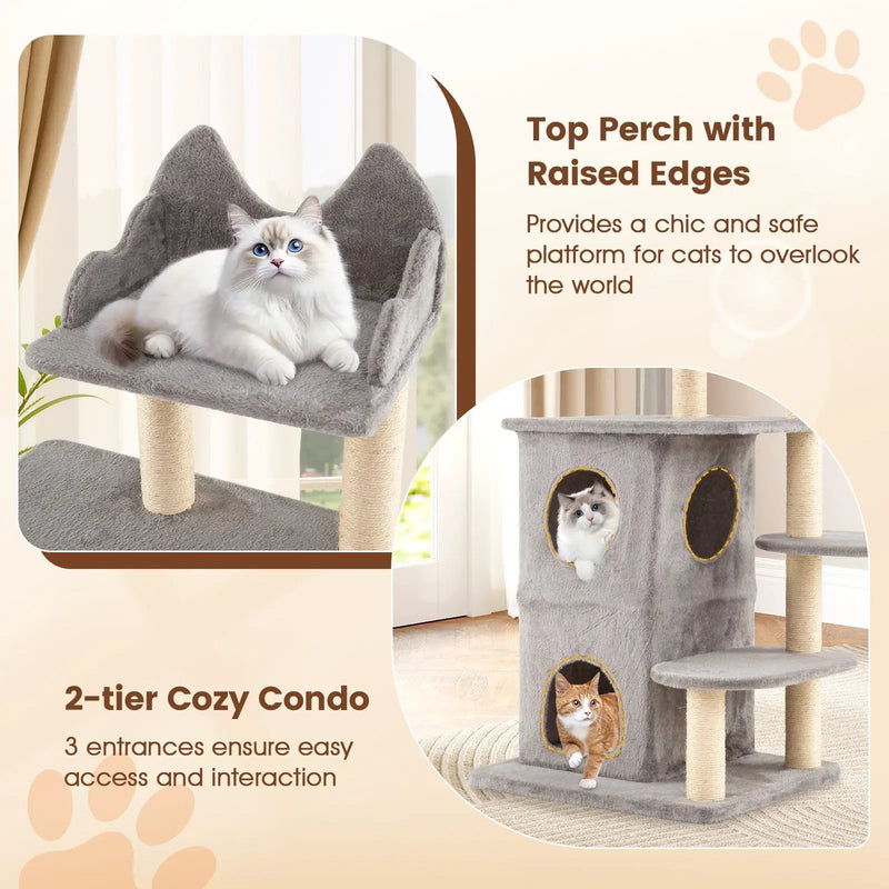 48.5 inch Cat Tree with 2-story Condo and 3 Hideaway Caves for Large Cats-Gray by DirectDeals