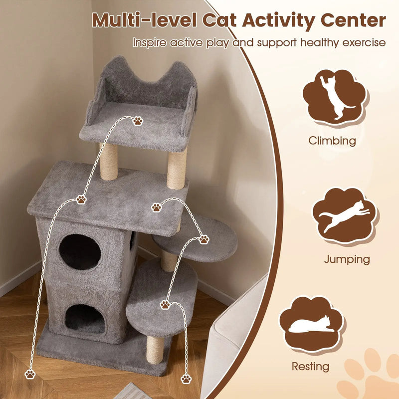 48.5 inch Cat Tree with 2-story Condo and 3 Hideaway Caves for Large Cats-Gray by DirectDeals