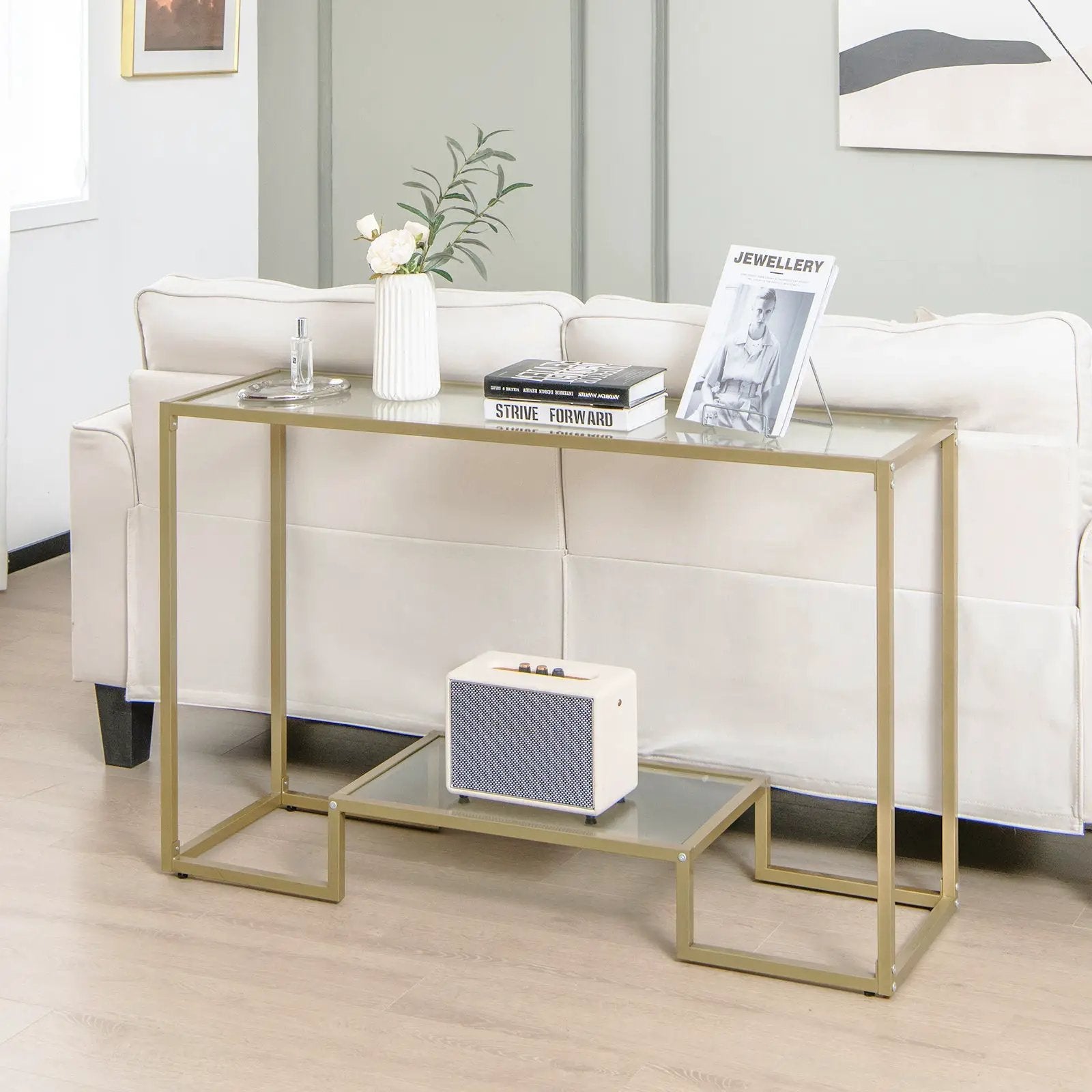 48 Inch 2-Tier Console Table with Tempered Glass Tabletop for Hallway-Golden by DirectDeals