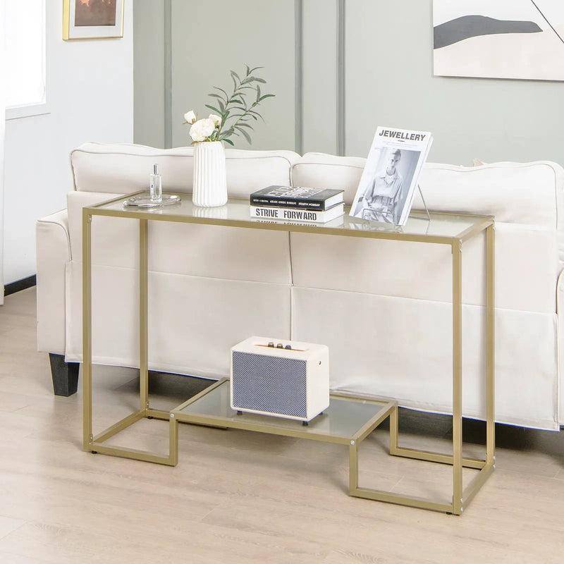48 Inch 2-Tier Console Table with Tempered Glass Tabletop for Hallway-Golden by DirectDeals