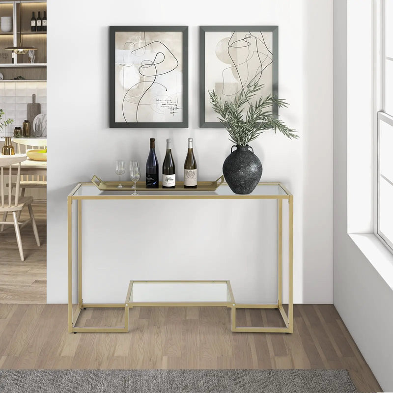 48 Inch 2-Tier Console Table with Tempered Glass Tabletop for Hallway-Golden by DirectDeals