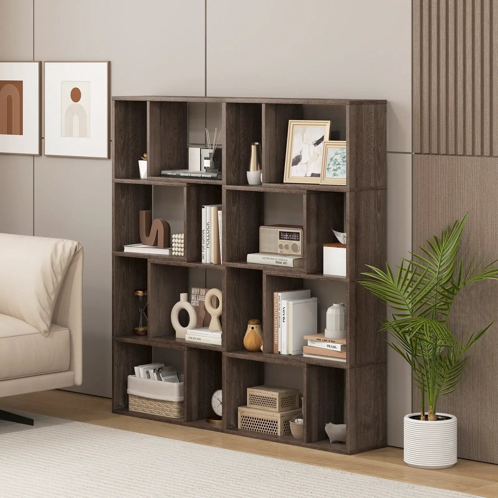 48 Inch 4-Tier Geometric Bookshelf with 8 Cubes for Living Room Bedroom by DirectDeals