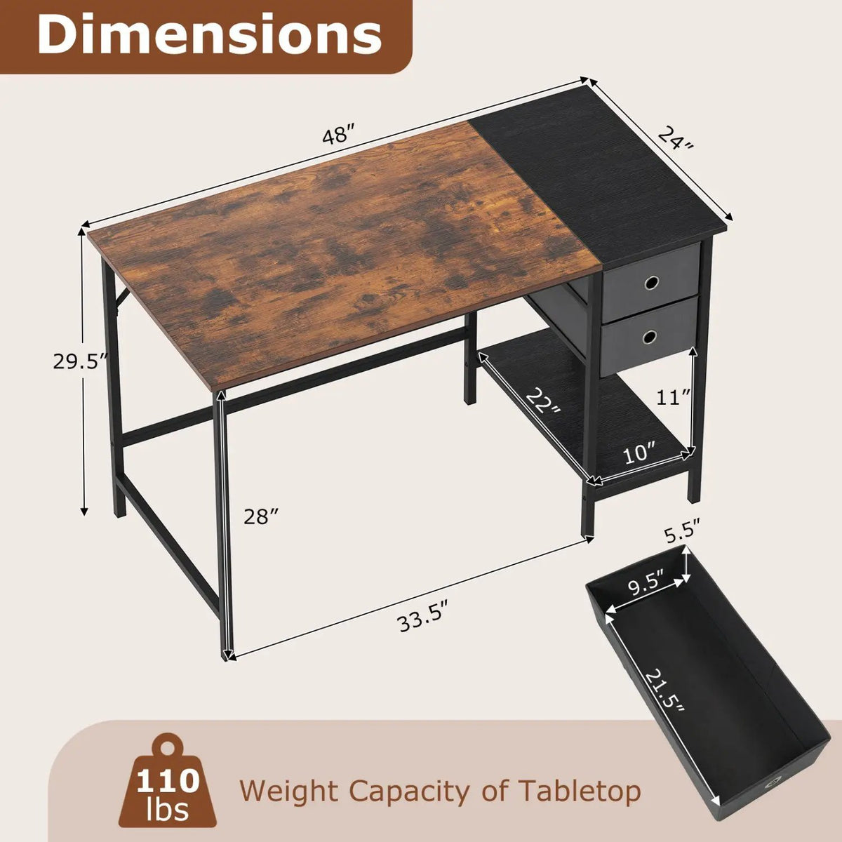 48 Inch Computer Desk with 2 Fabric Drawers Industrial Home Office Desk-Rustic Brown, photo 5 of 9