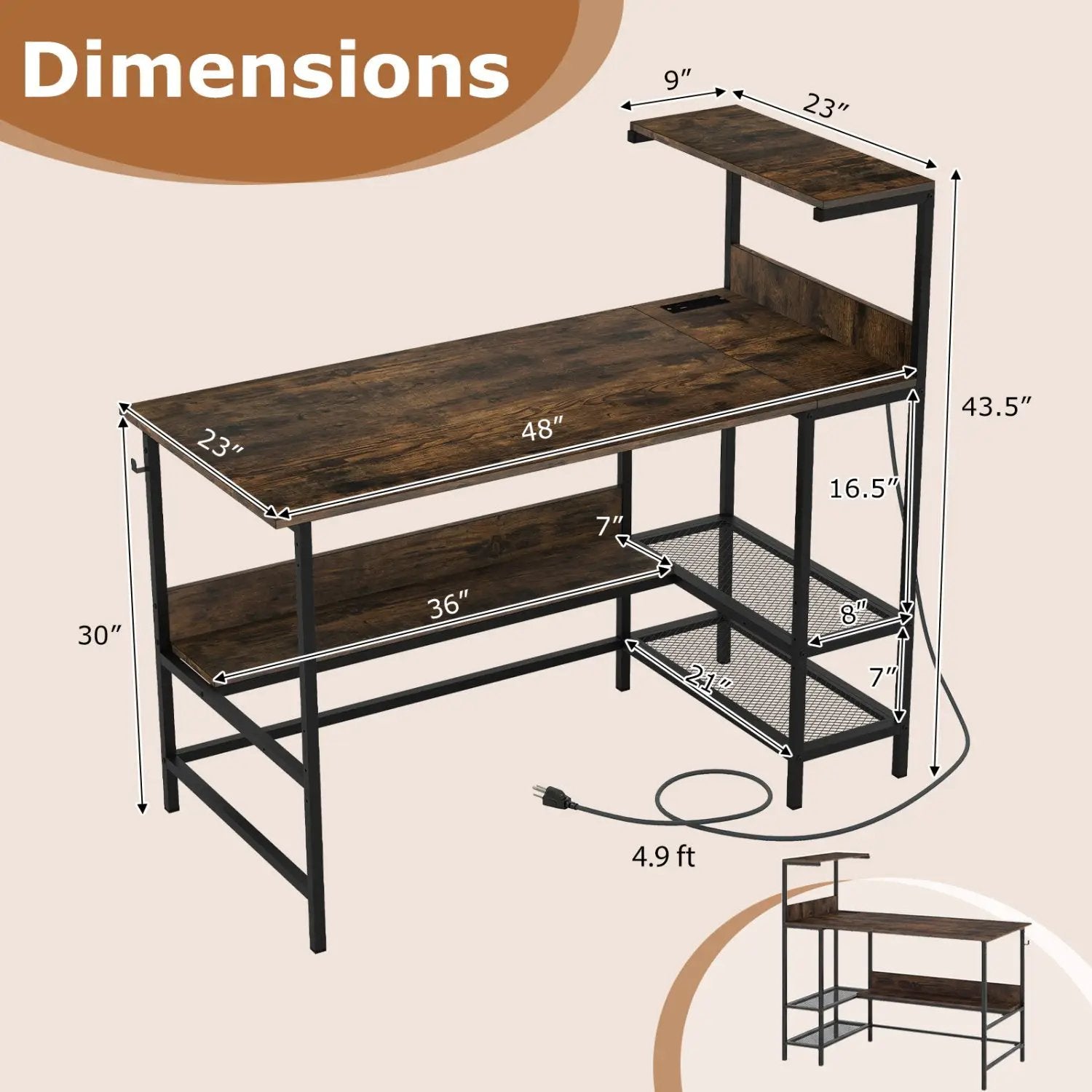 48 Inch Computer Desk with Power Outlets and Storage Shelves by DirectDeals