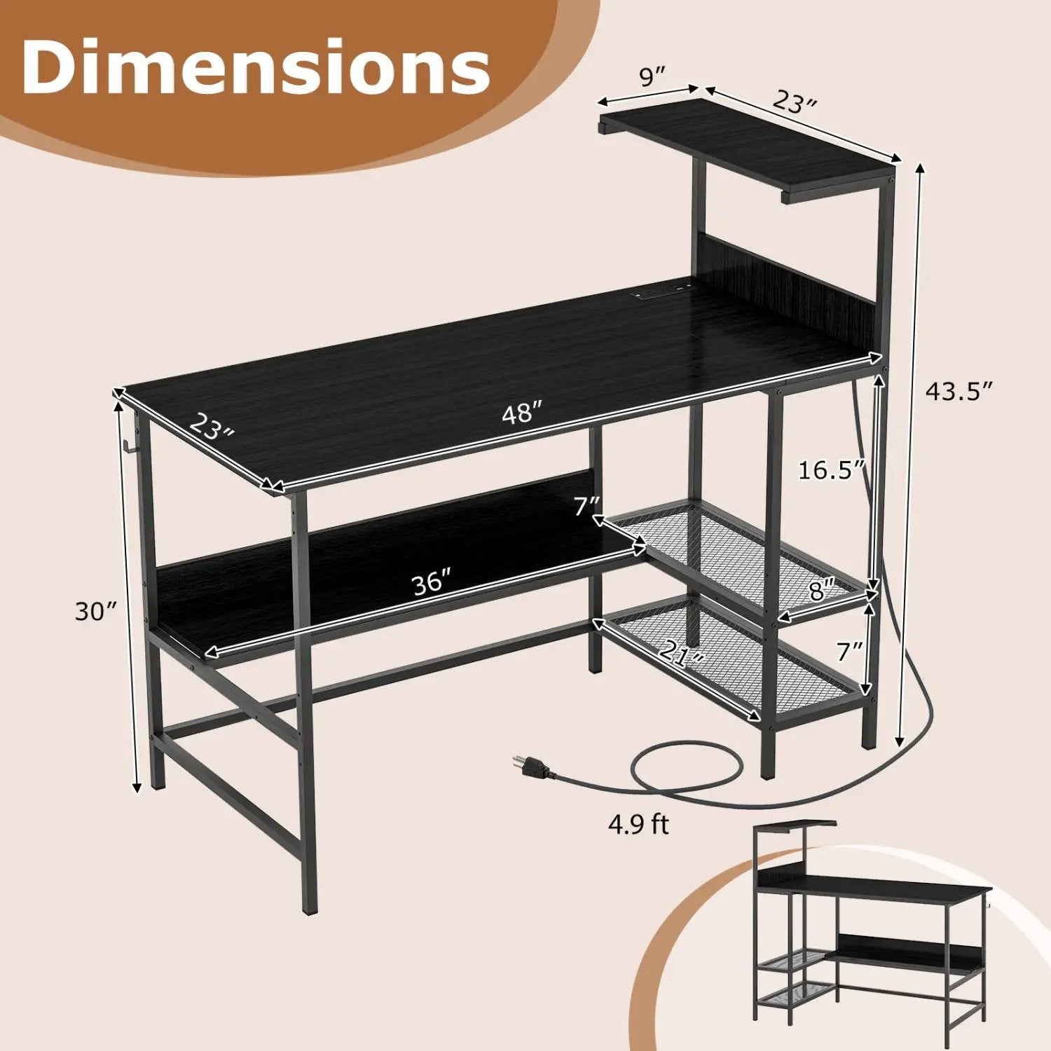 48 Inch Computer Desk with Power Outlets and Storage Shelves by DirectDeals