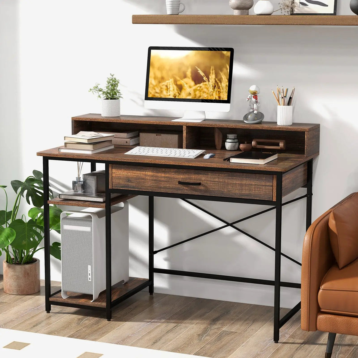 48 Inch Computer Desk with Monitor Stand Drawer and Shelves