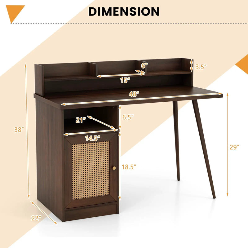 48 Inch Computer Desk with Hutch and PE Rattan Cabinet Shelves by DirectDeals