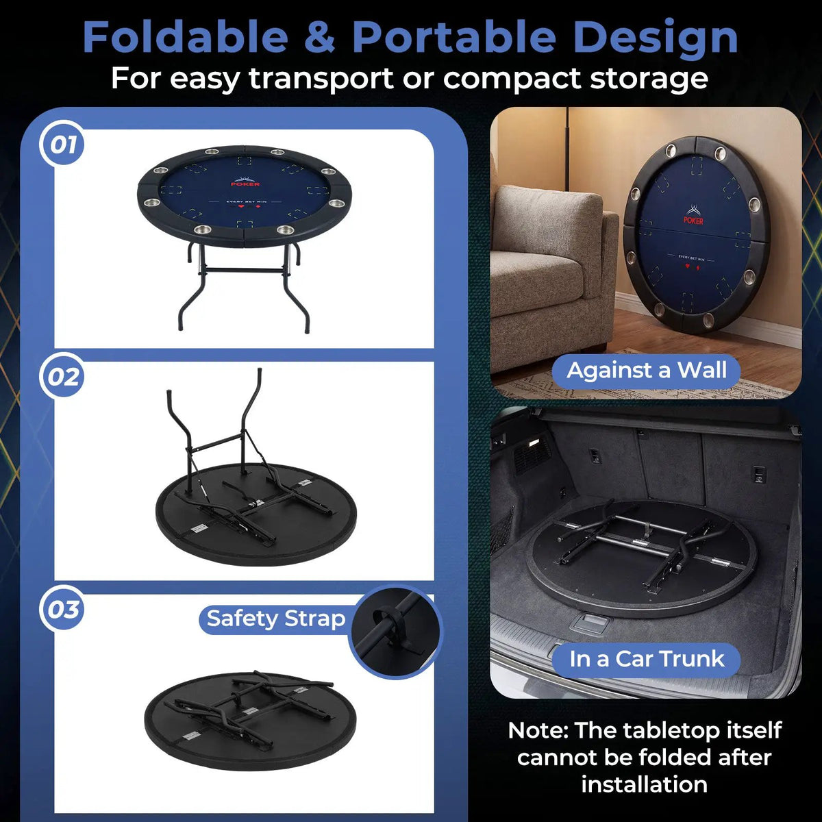 48 Inch Foldable Poker Table with 8 Cup Holders and Padded Edges, photo 13 of 16