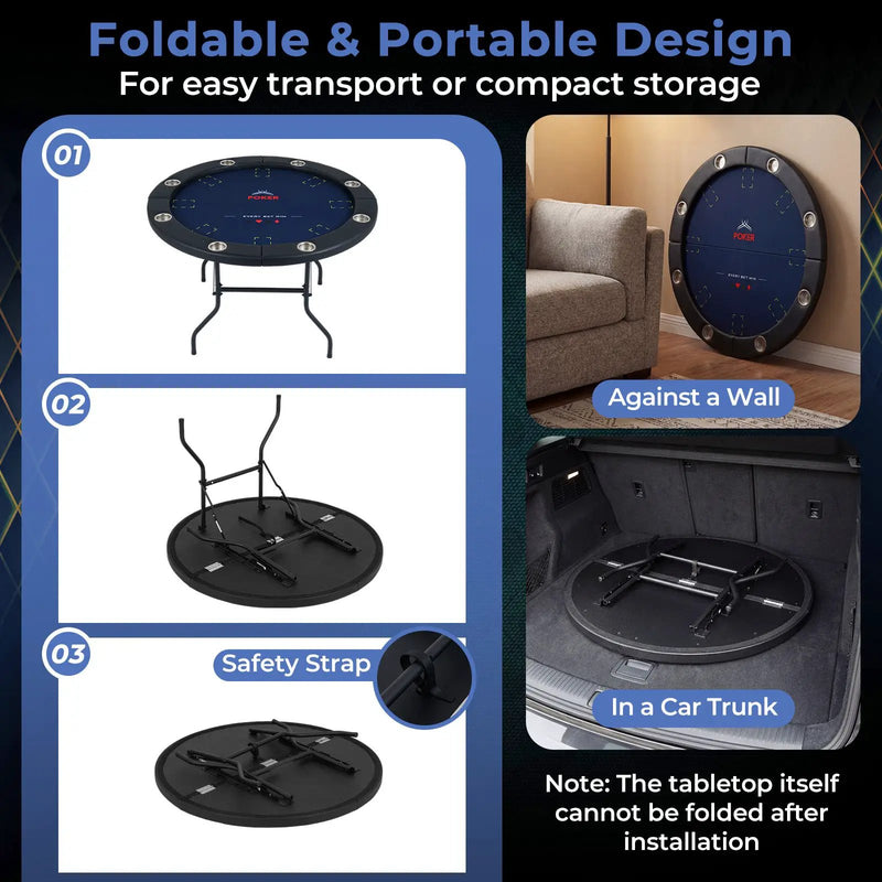 48 Inch Foldable Poker Table with 8 Cup Holders and Padded Edges by DirectDeals