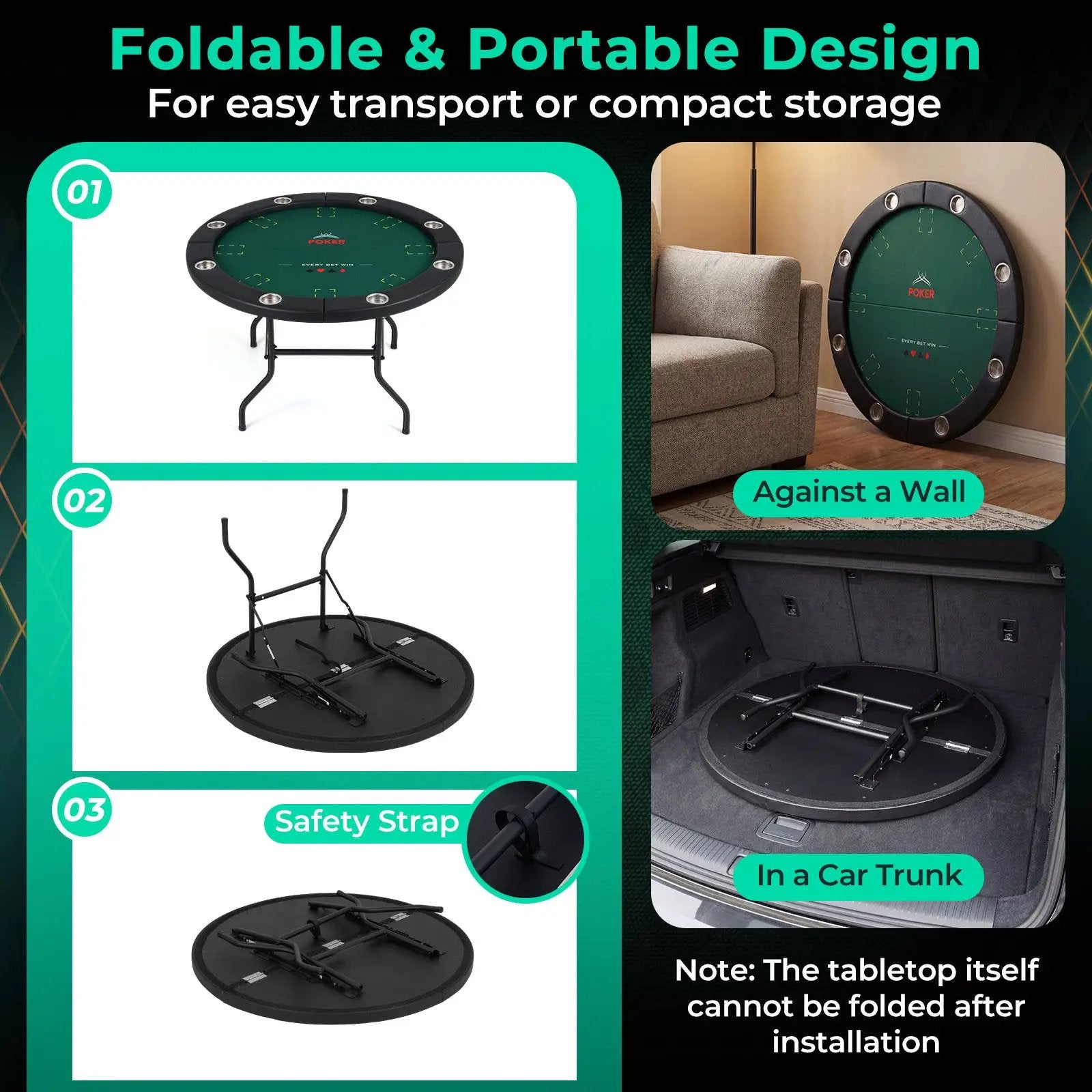 48 Inch Foldable Poker Table with 8 Cup Holders and Padded Edges by DirectDeals