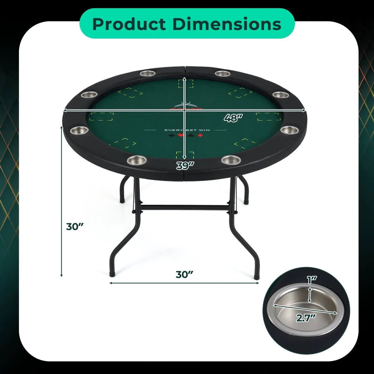 48 Inch Foldable Poker Table with 8 Cup Holders and Padded Edges, photo 10 of 16