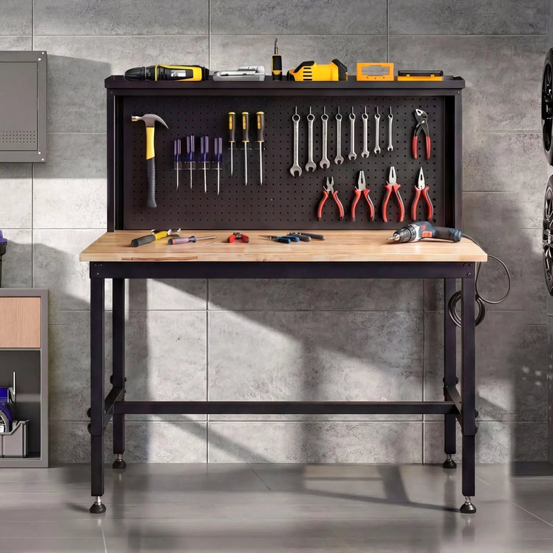 48 Inch Heavy Duty Workbench with AC/USB Outlets and Pegboard-Natural by DirectDeals