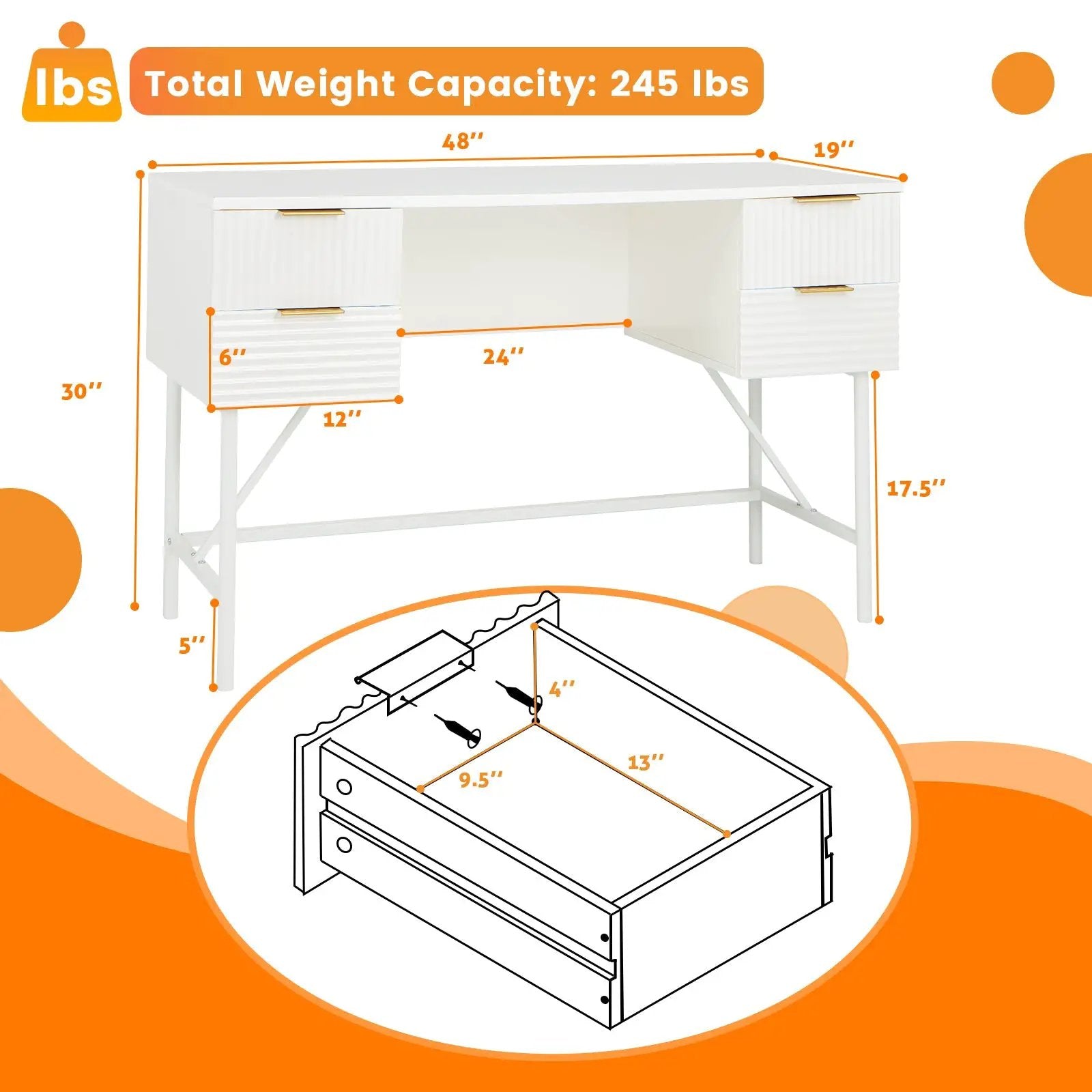 48 Inch Home Office Computer Desk with 4 Drawers-White by DirectDeals