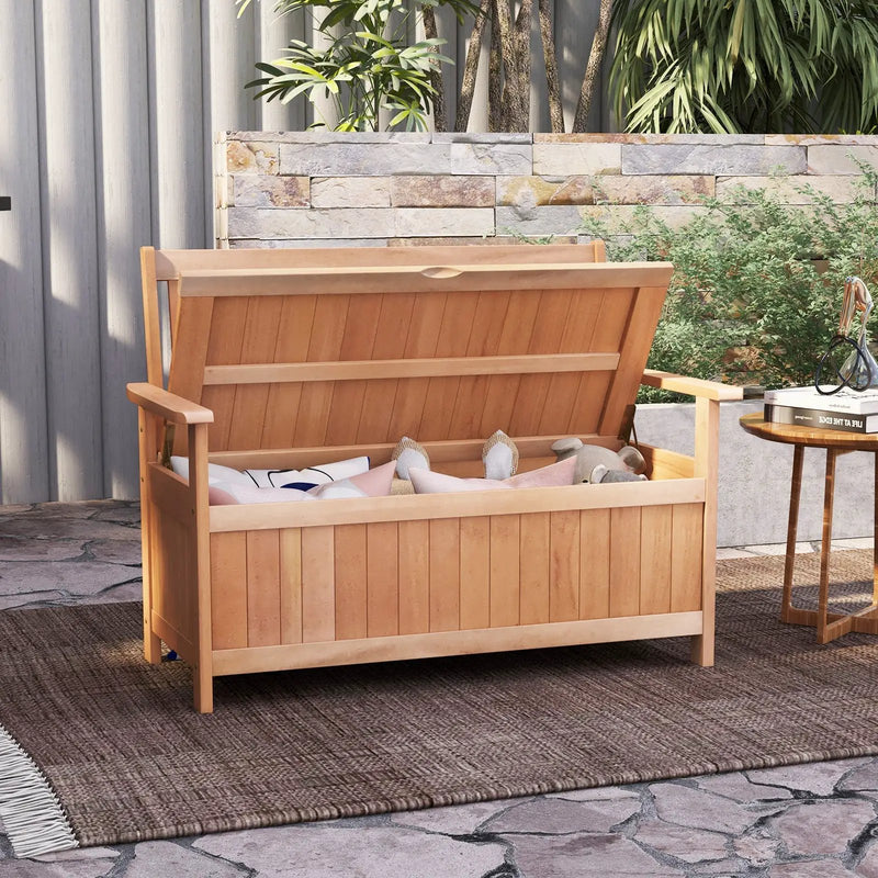48 Inch Patio Wood Storage Bench with Slatted Backrest by DirectDeals