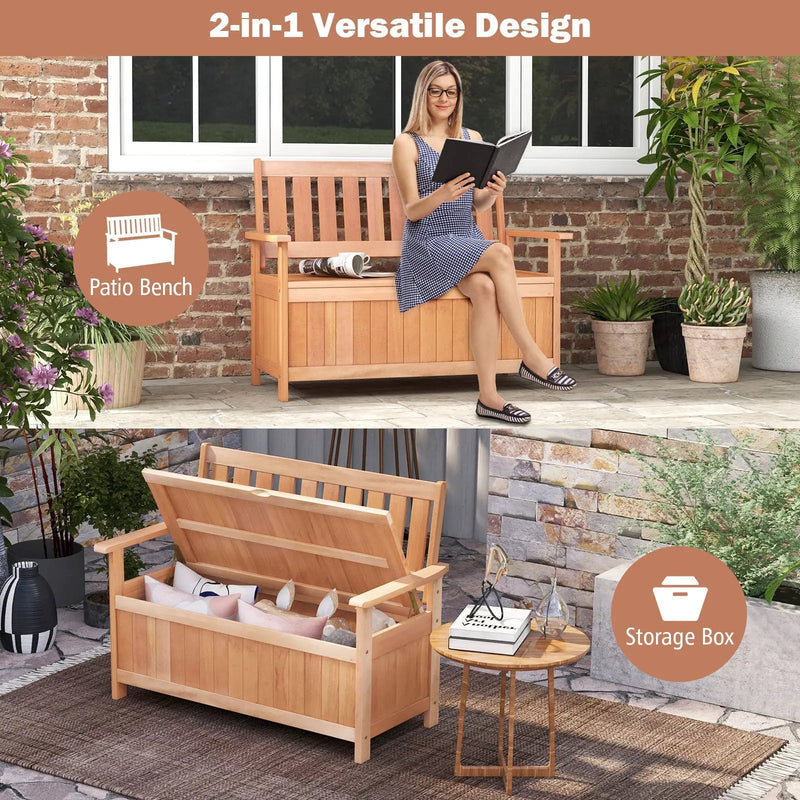 48 Inch Patio Wood Storage Bench with Slatted Backrest by DirectDeals